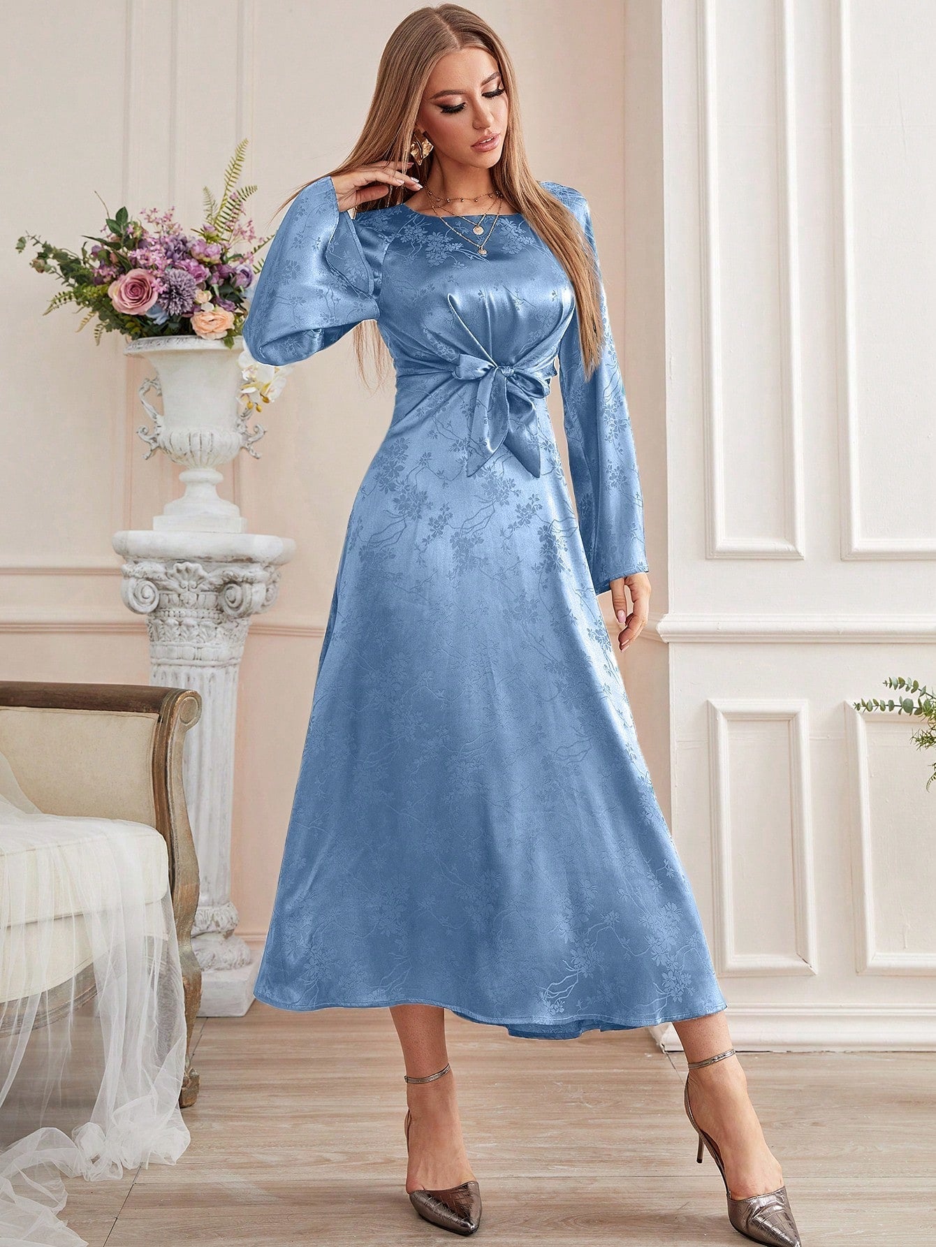 SHEIN Modely Floral Jacquard Flounce Sleeve Belted Dress