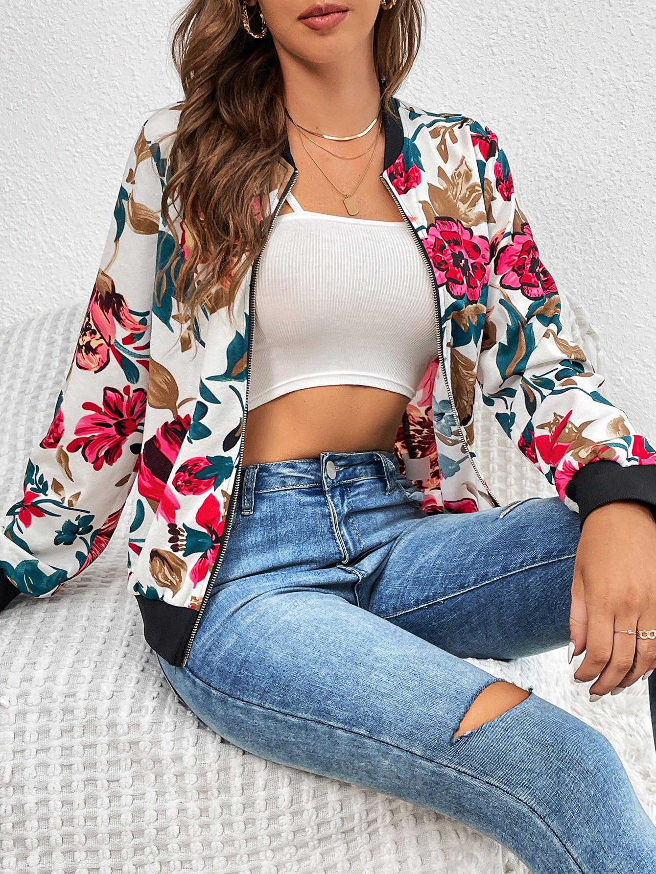 SHEIN Tall Floral Print Zip up Bomber Jacket