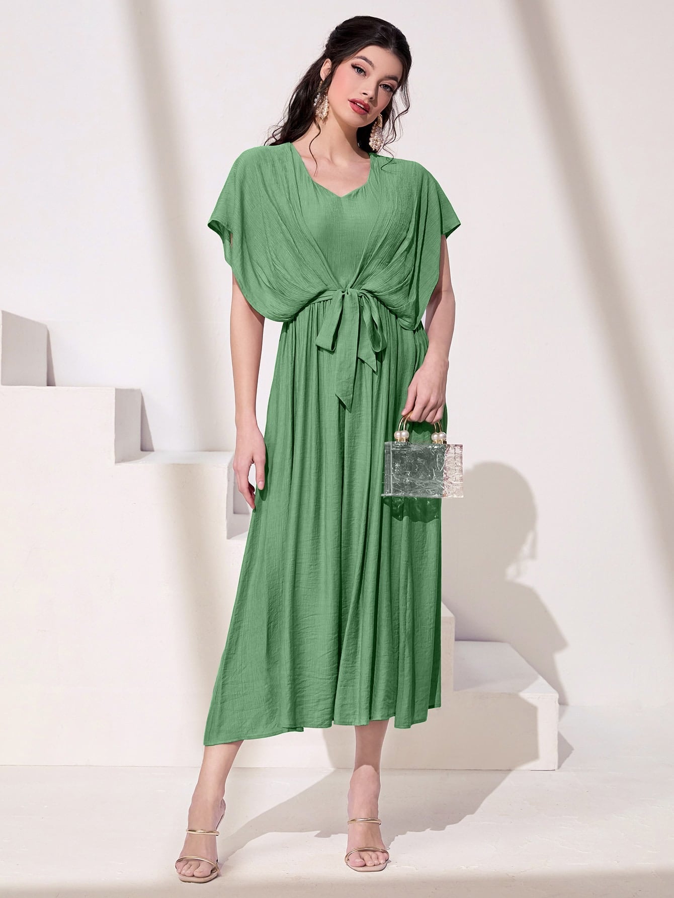 SHEIN Najma Solid Batwing Sleeve Zipper Back Dress