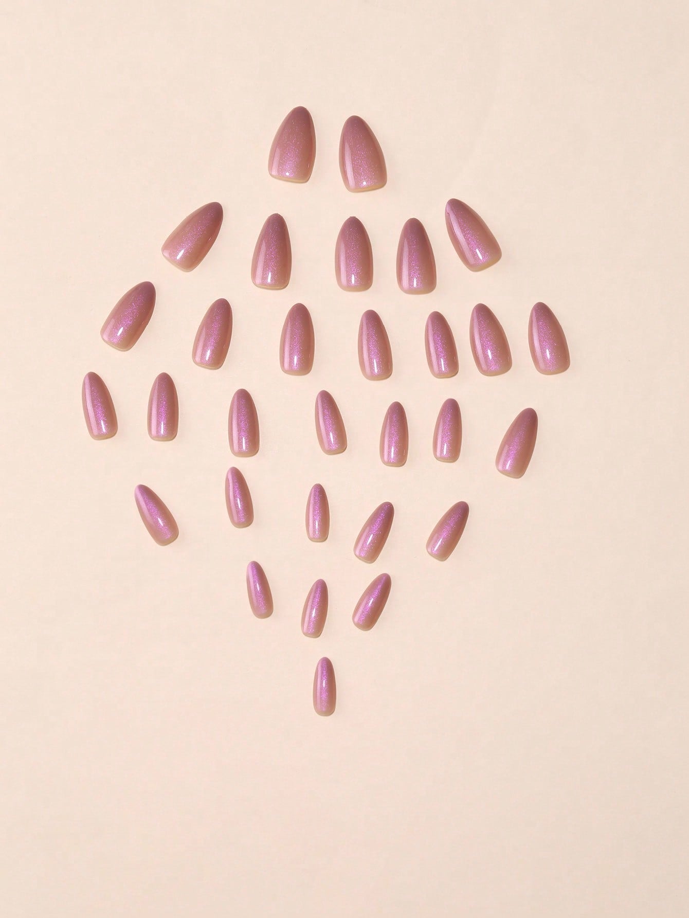 30Pcs Sweet Style Long Pointed Purple Laser Sequins False Nails with 1Pc Nail File and 1Pc Jelly Glue Included
