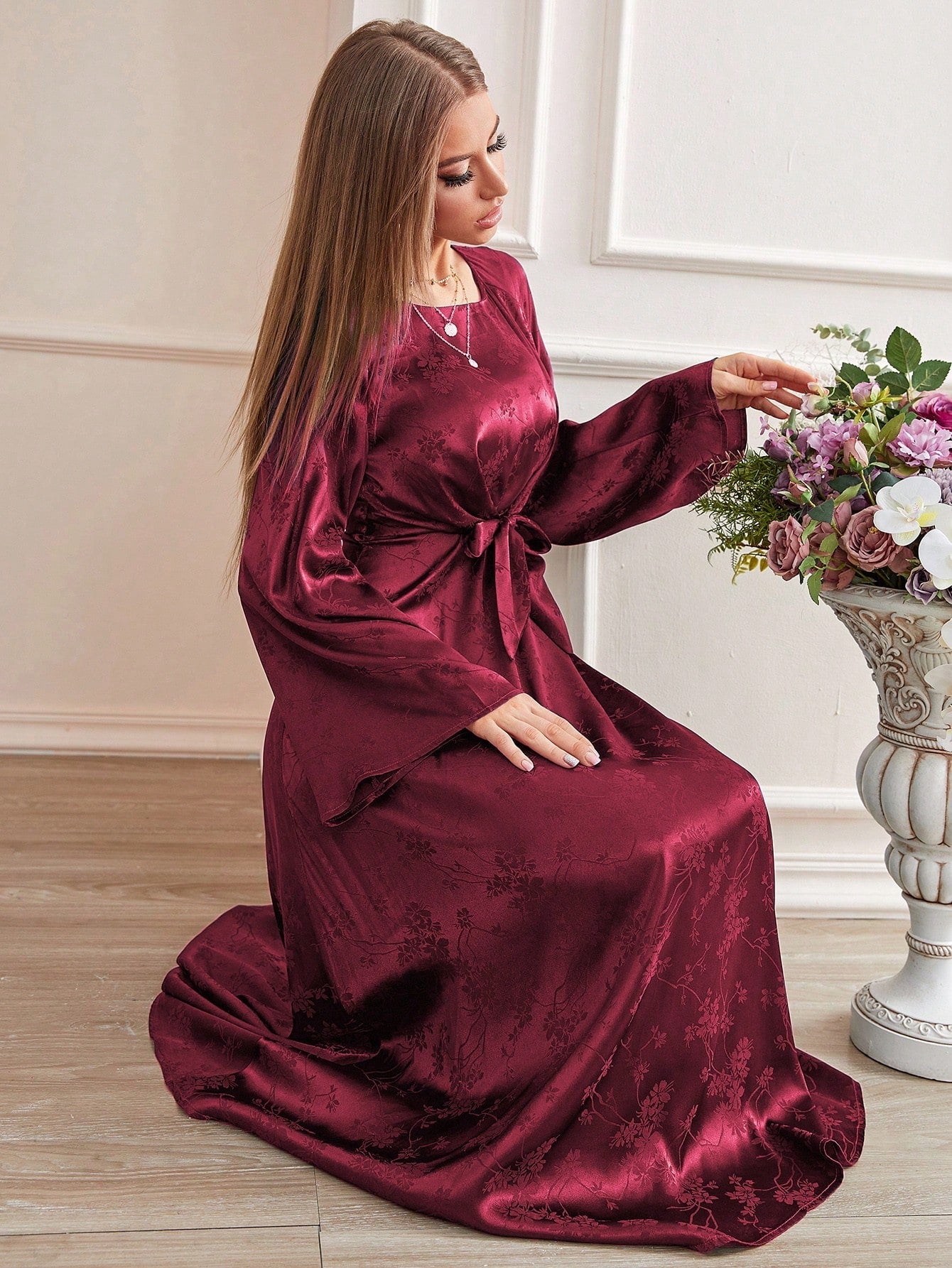 SHEIN Modely Floral Jacquard Flounce Sleeve Belted Dress