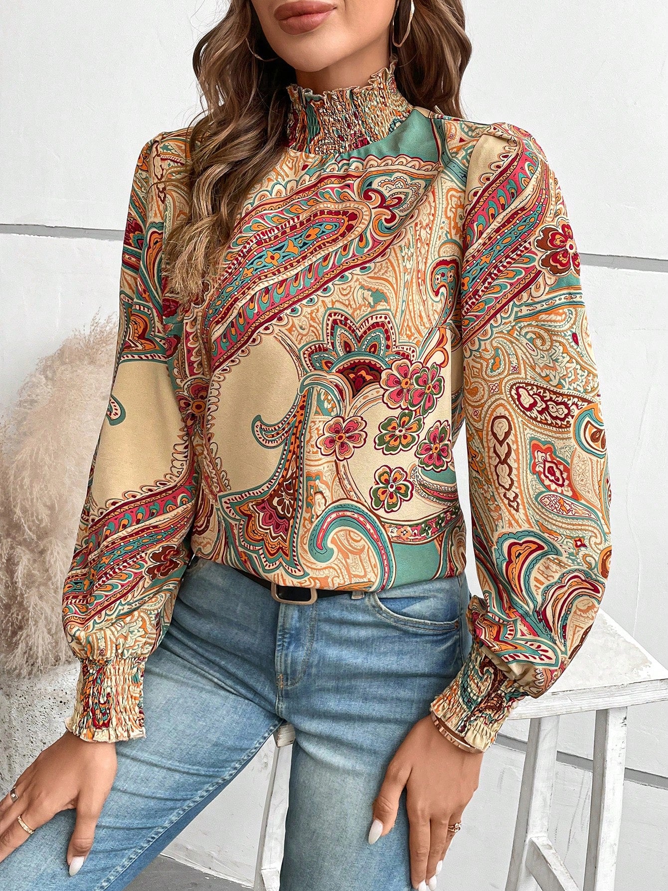 SHEIN LUNE Paisley Print Mock Neck Lantern Sleeve Blouse