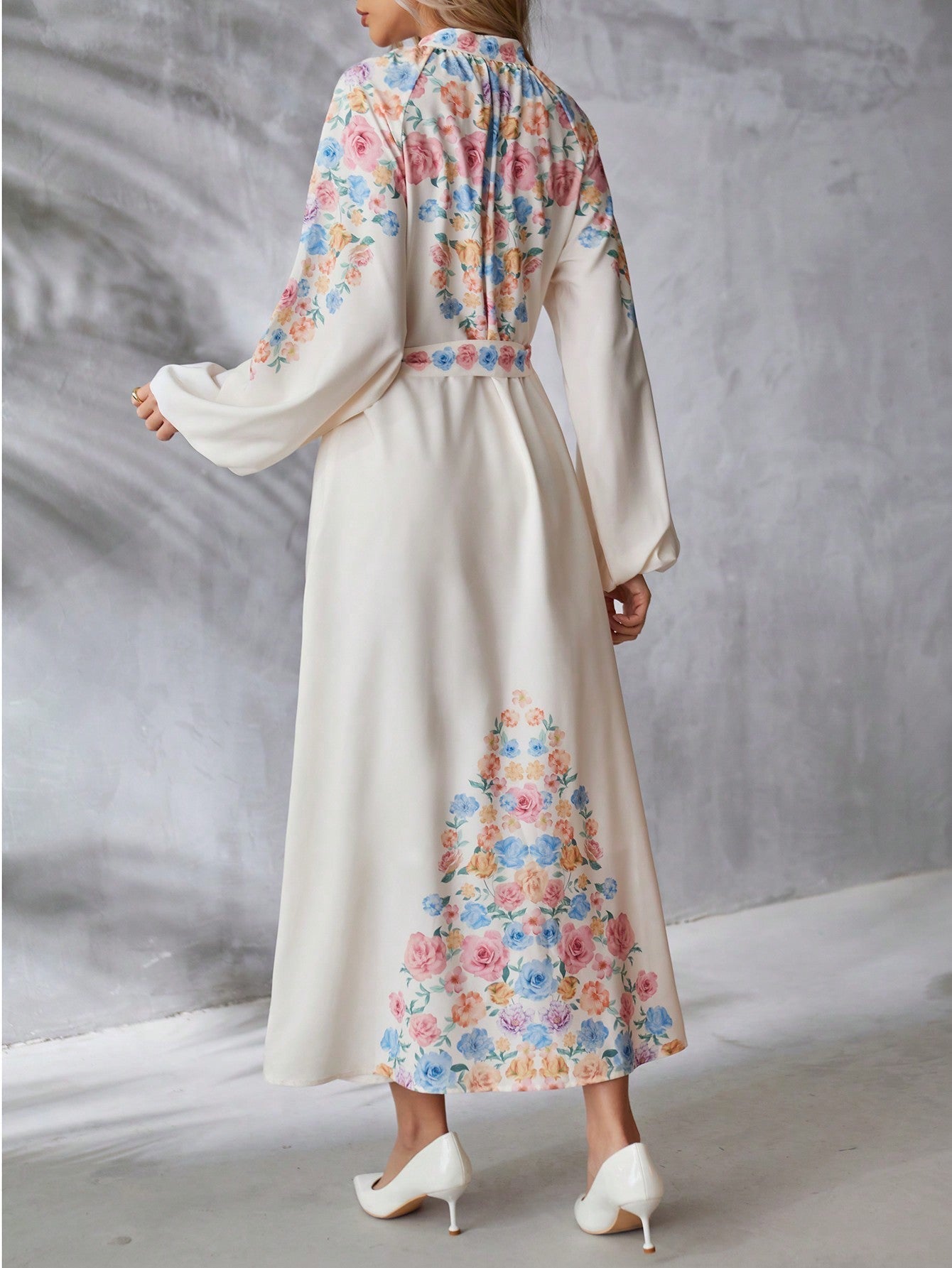 SHEIN VCAY Floral Printed Long Sleeve Belted Dress for Women