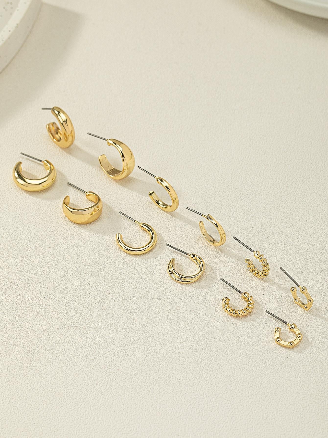 6Pairs/Set Fashionable Zinc Alloy Spring Design Cuff Hoop Earrings for Women for Daily Decoration