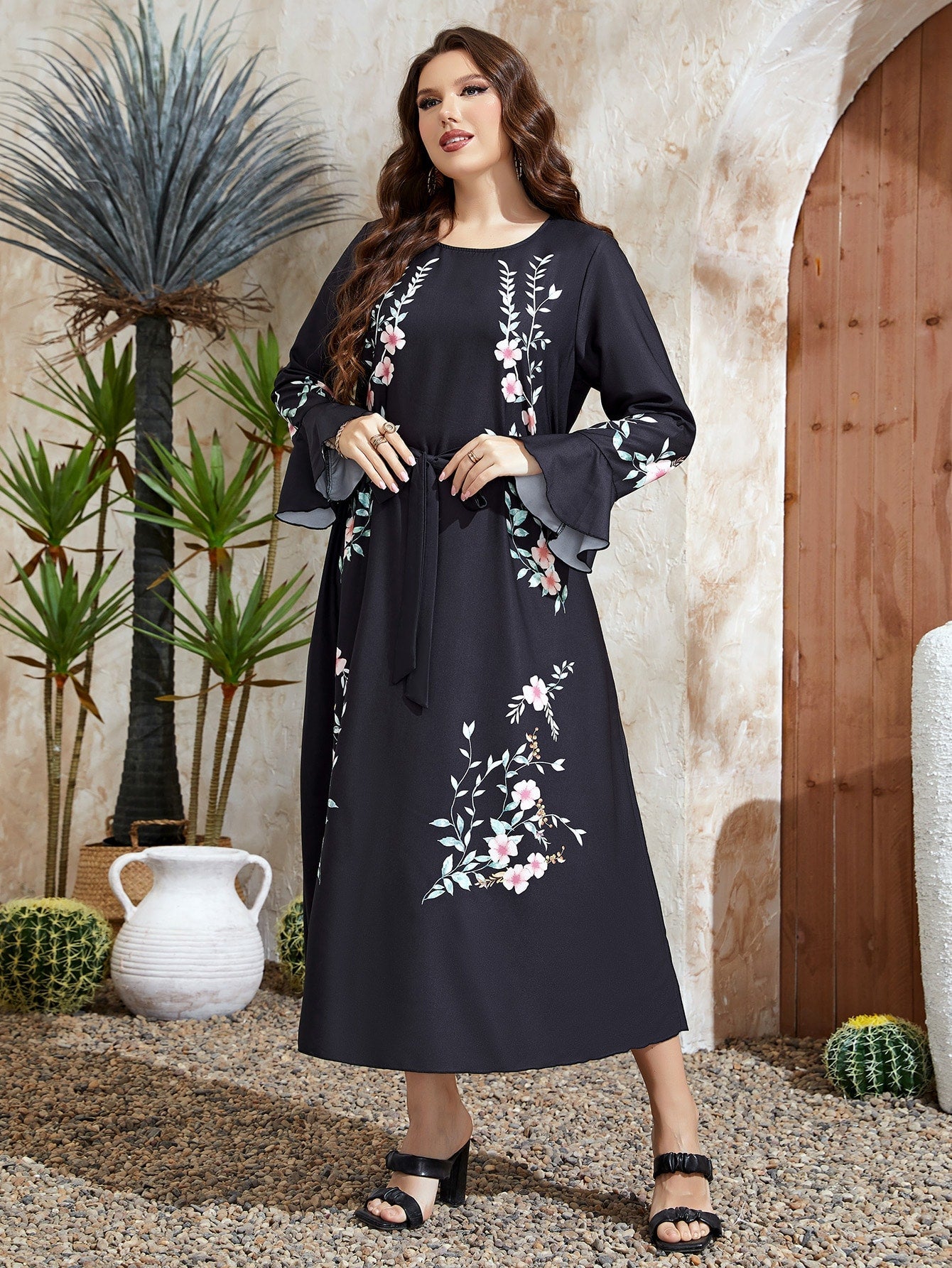 SHEIN Najma plus Floral Print Flounce Sleeve Belted Dress