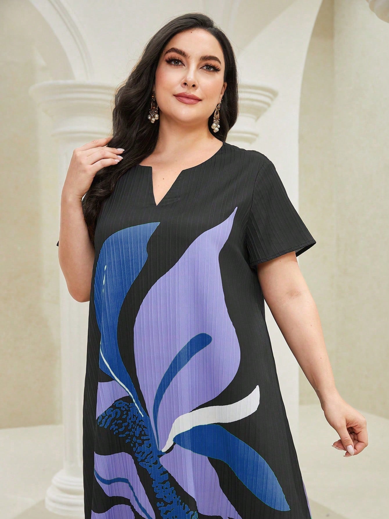 SHEIN Najma plus Floral Print Notched Neckline Dress