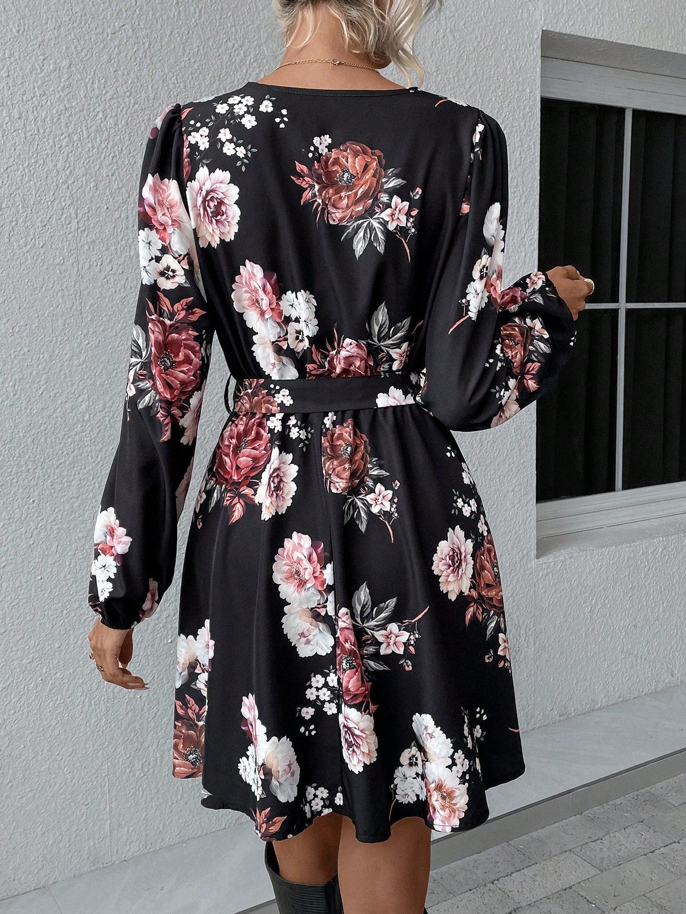 Floral Print Lantern Sleeve Belted Dress