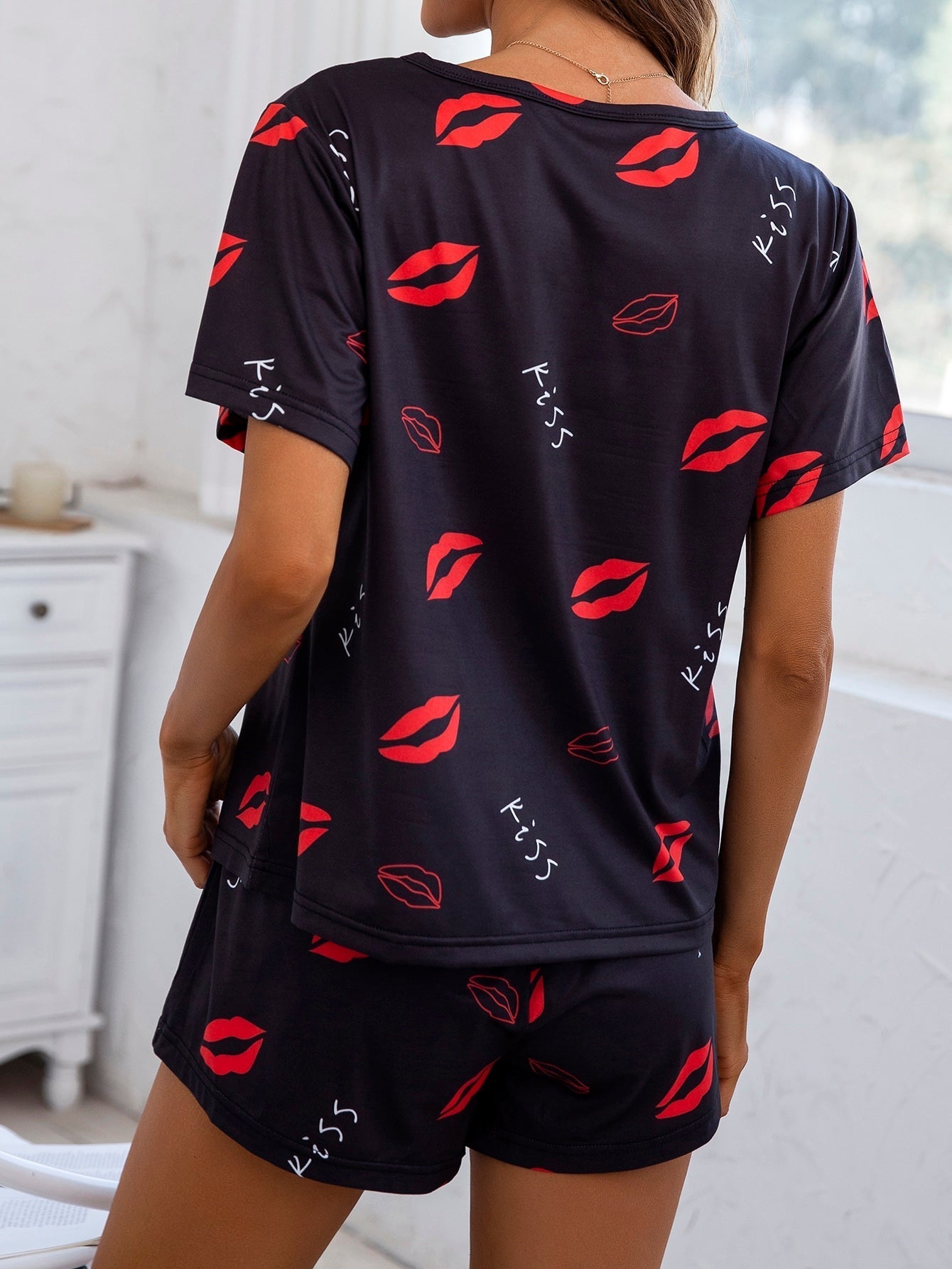 Letter & Lip Print PJ Set with Eye Cover