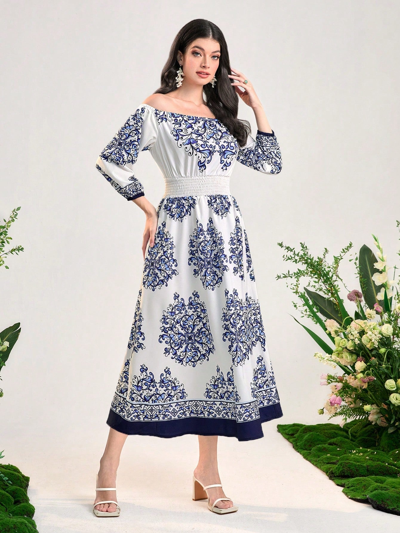 SHEIN Mulvari Floral Print off Shoulder Dress