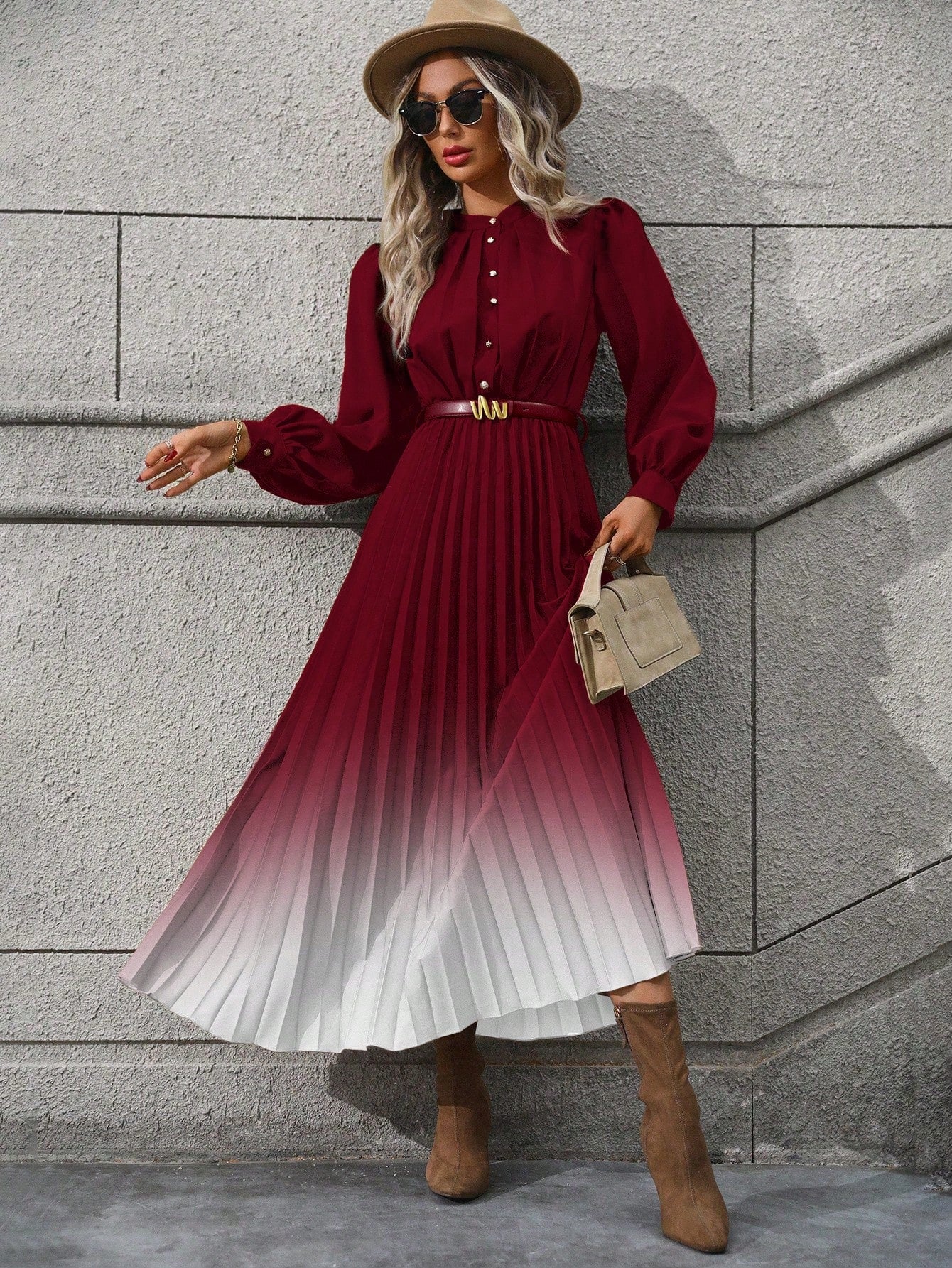 Gradient Color Pleated Lantern Sleeve Dress