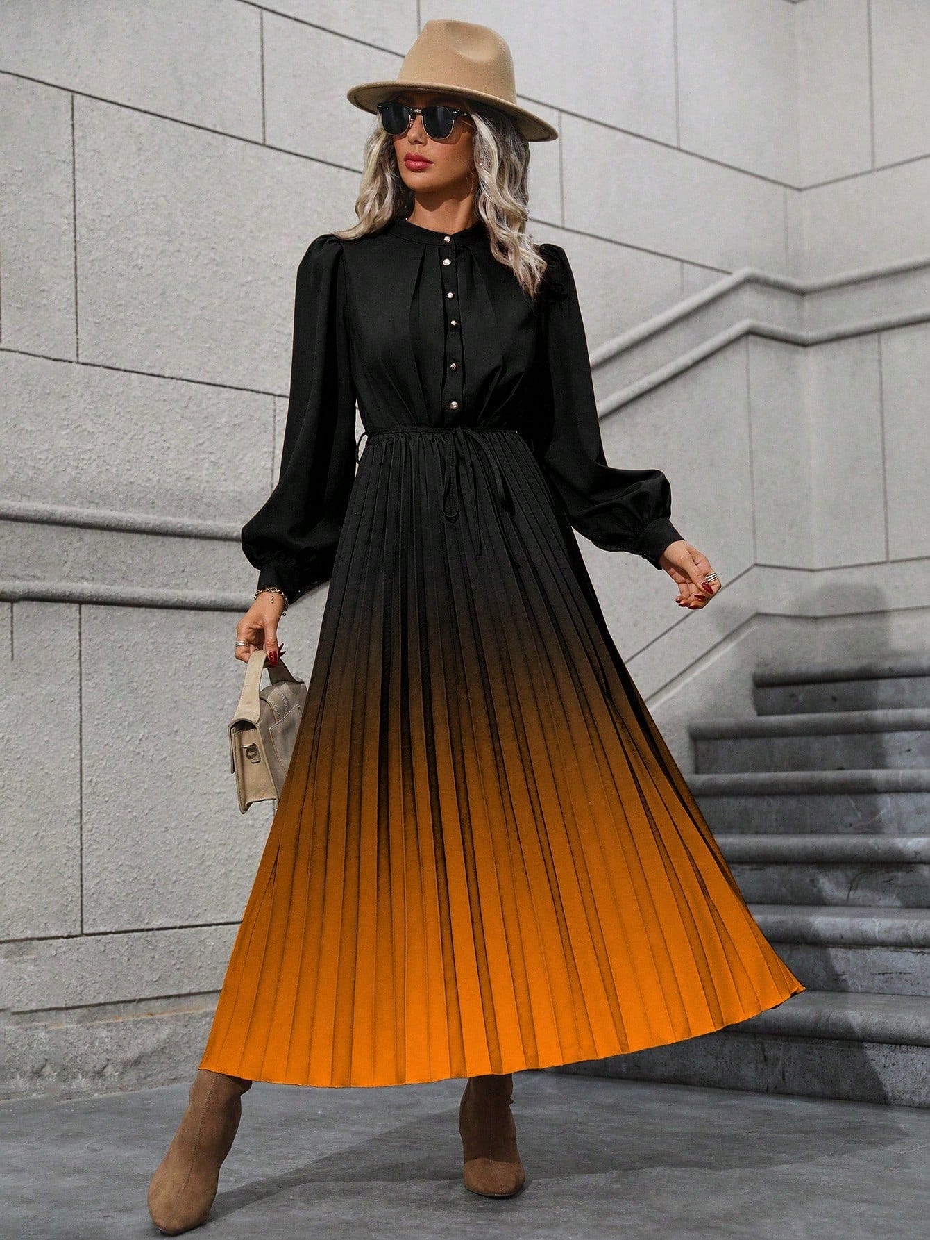 Ombre Pleated Hem Shirt Dress without Belt