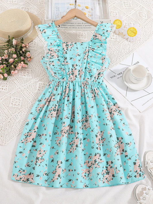 SHEIN Kids SUNSHNE Girls Ditsy Floral Print Ruffle Trim Dress