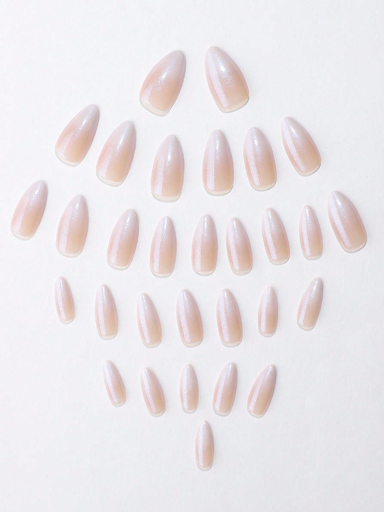 30Pcs Short Almond Shaped Soft & Simple Gradual Change Nude Glitter Nail Chips with 1Pc Buffer and 1Pc Jelly Glue