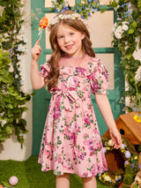 SHEIN Kids CHARMNG Young Girl Floral Print Lace Yoke Ruffle Trim Puff Sleeve Belted Dress