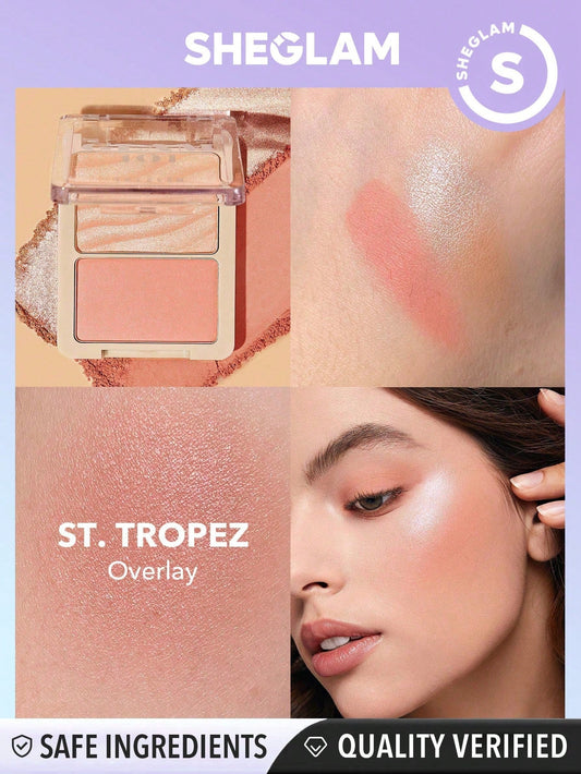 SHEGLAM Glam 101 Hybrid Highlighter & Blush Duo-St. Tropez Blush Highlighter Powder Palette Non-Fading Multi-Use Non-Greasy Shimmer Lightweight Smooth Blusher Black Friday Winter Pink Brown Rosa Blush