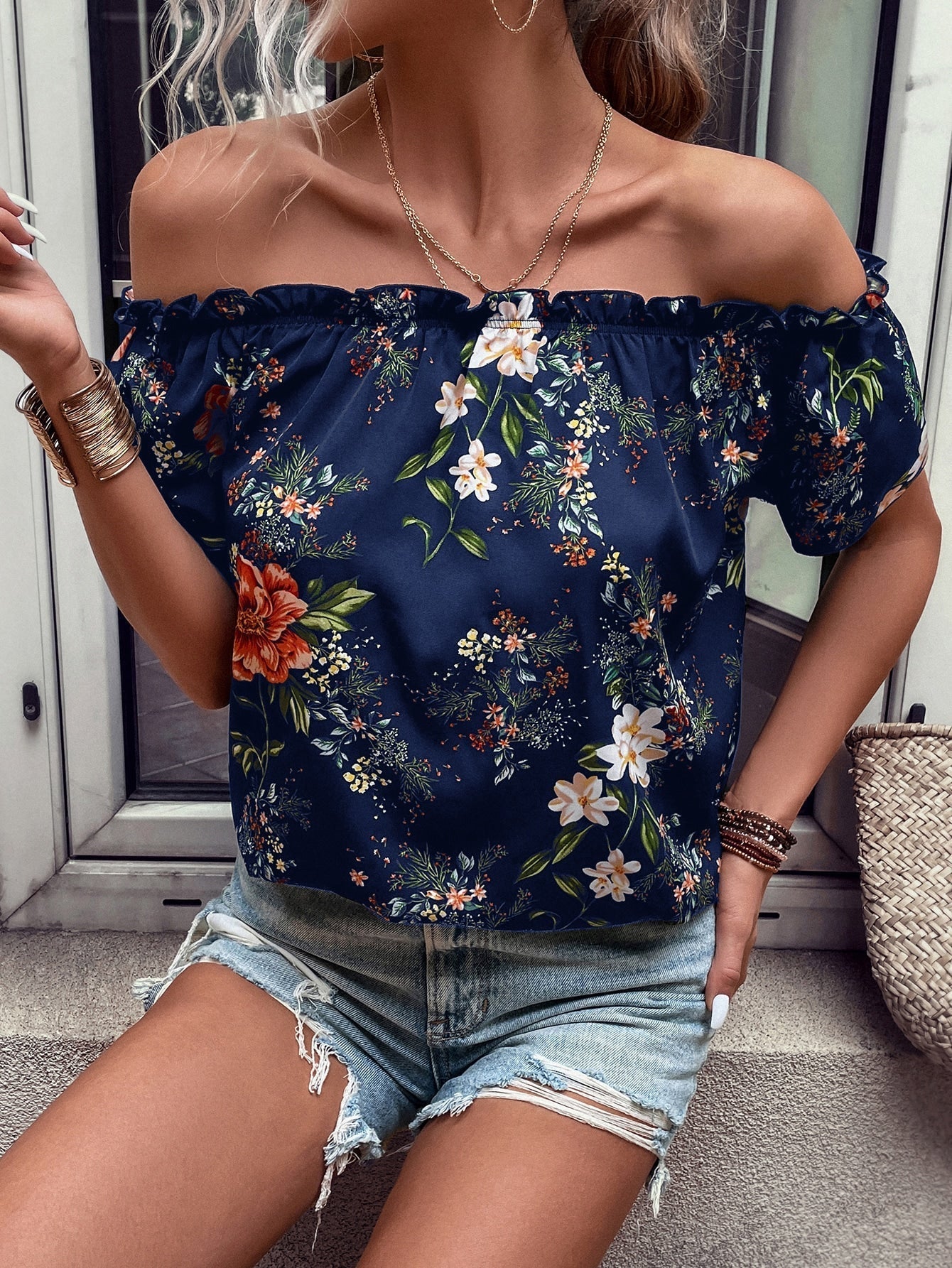 SHEIN VCAY Floral Print off Shoulder Frill Trim Blouse