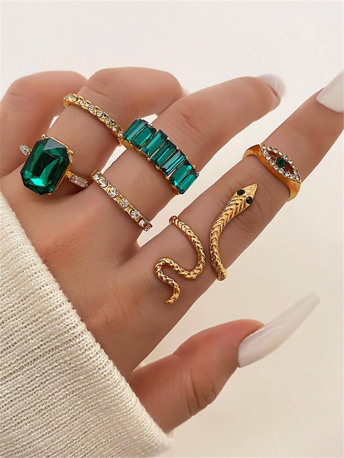 6Pcs/Set Vintage Snake Geometry Design Green Rhinestone Inlaid Ring Set for Women'S Jewelry