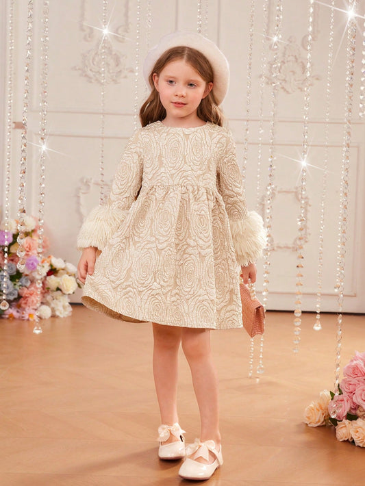 SHEIN Young Girl'S Slim Fit, Romantic and Elegant Fabric Patchwork round Neck, Head to Wear Furry Cuffs Dress