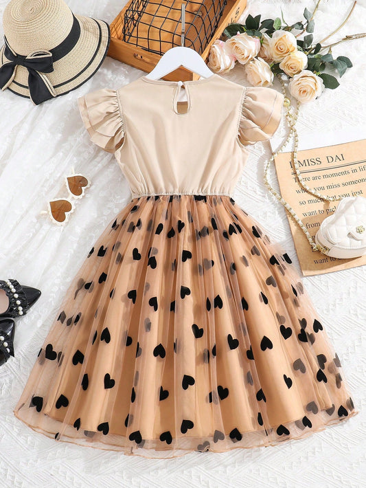 SHEIN Kids CHARMNG Tween Girl Heart Mesh Overlay Ruffle Trim Bow Front Dress