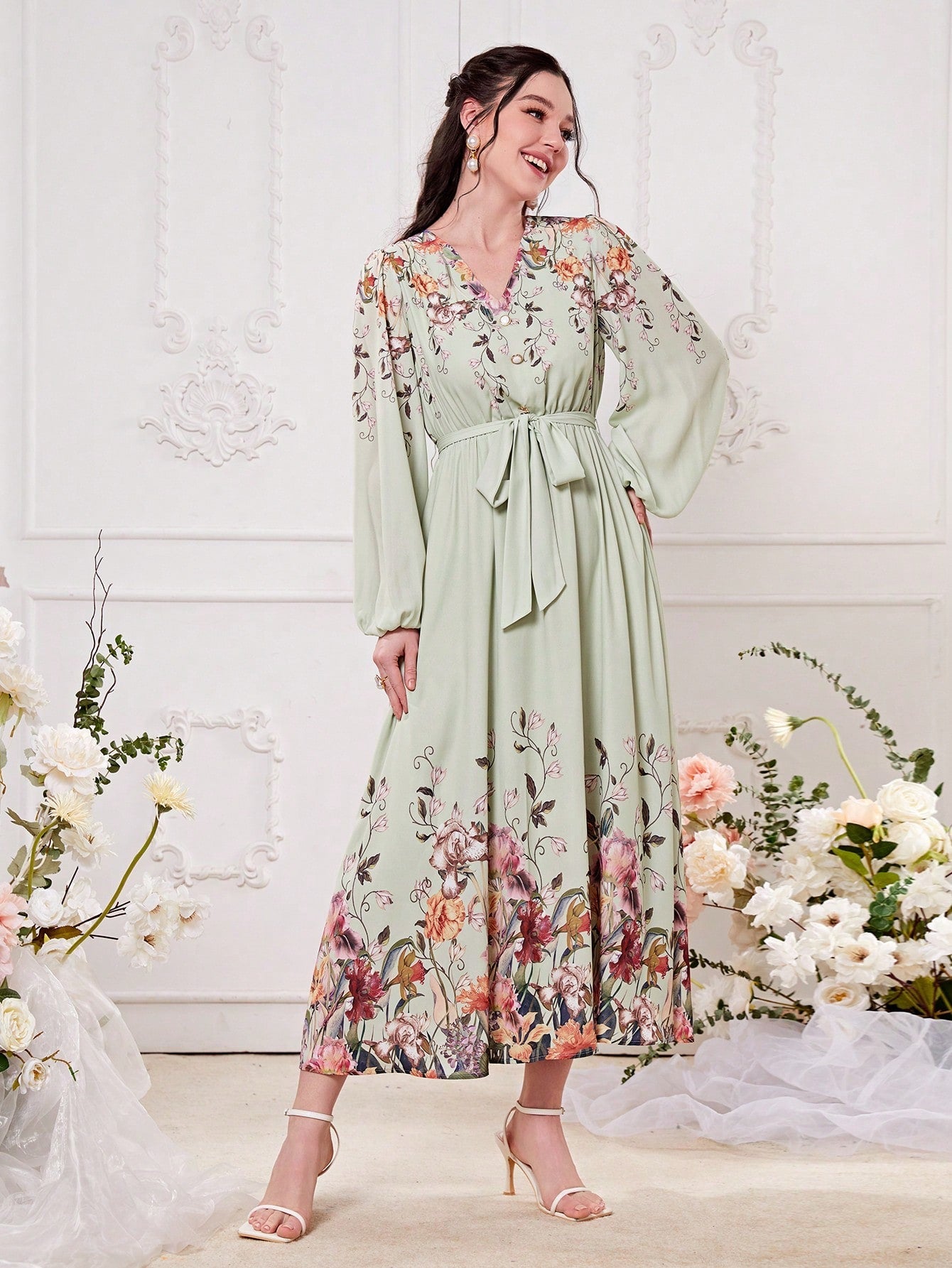 SHEIN Modely Floral Print Lantern Sleeve Belted Dress