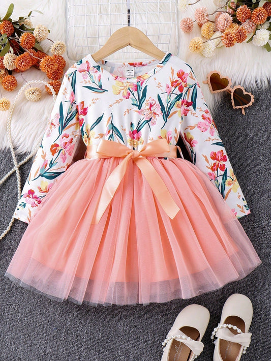 SHEIN Kids Qtfun Young Girl Floral Print Mesh Hem Belted Dress