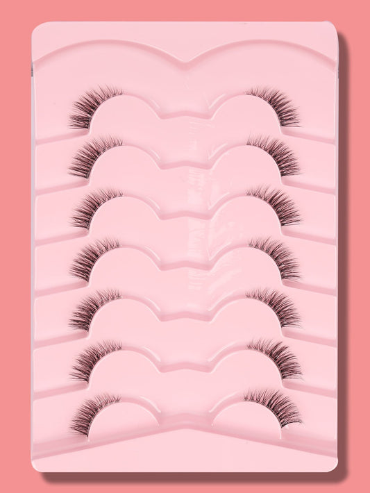 7Pairs Cat Eye Cross and Transparent Stem Short Style Natural False Eyelashes, Essential for Daily Makeup