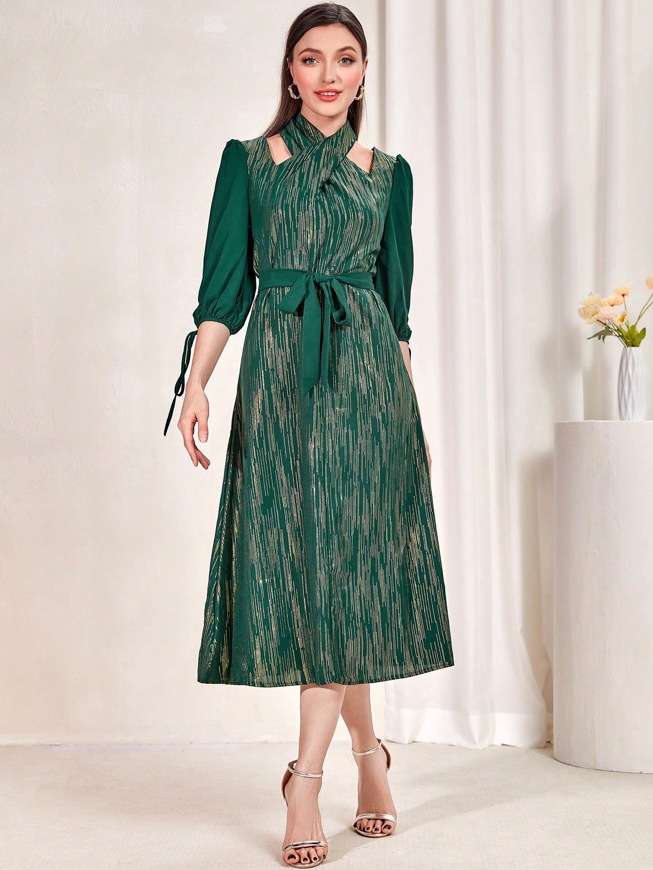 SHEIN Najma Cut Out Detail Knot Cuff Belted Dress