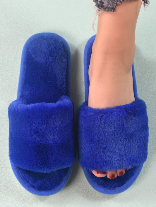 Women'S Fashionable Solid Blue Bedroom Slippers, Minimalist Fuzzy House Shoes