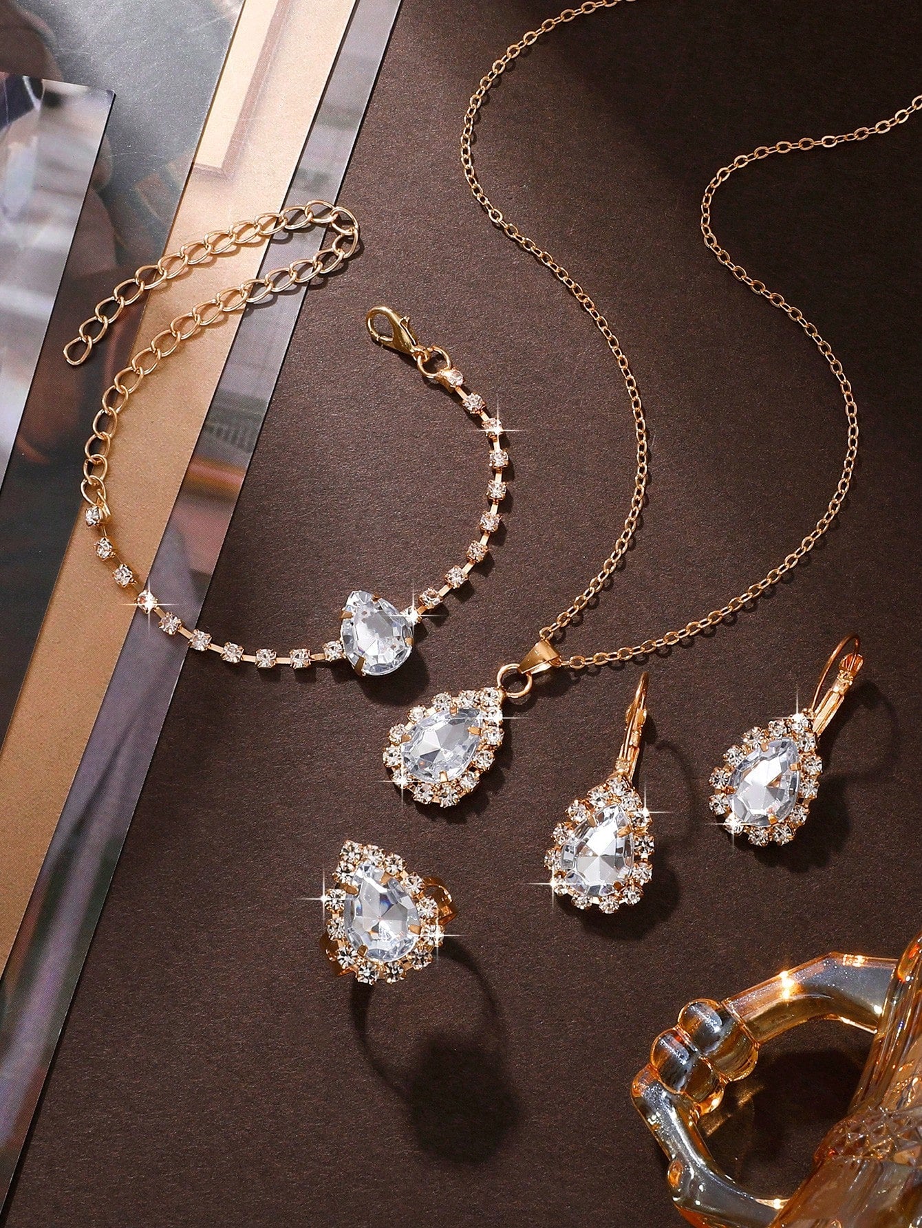 5Pcs/Set Women'S Drip-Shaped Rhinestone Jewelry Set
