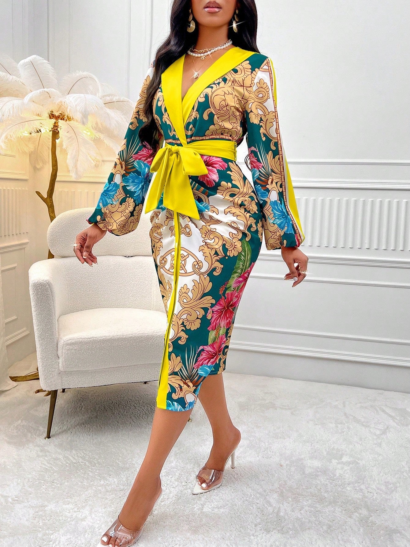 SHEIN Slayr Women'S Lantern Sleeve Floral Printed Dress