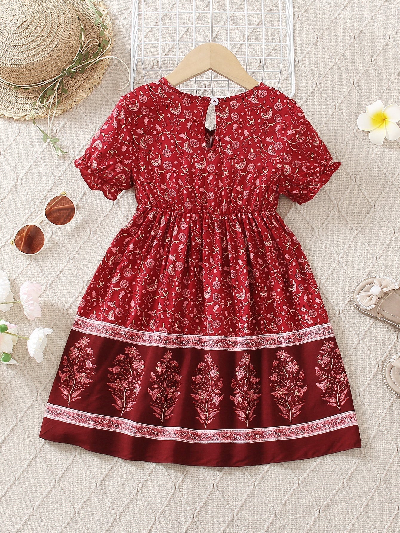 SHEIN Kids EVRYDAY Young Girl Floral Print Ruched Flounce Sleeve Dress