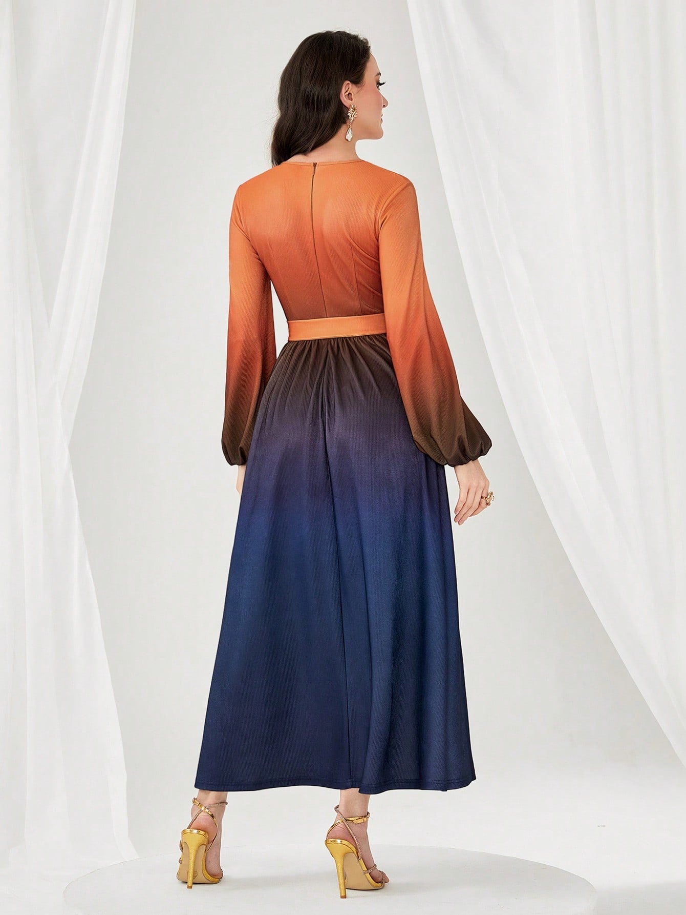 SHEIN Modely Ombre Lantern Sleeve Belted Dress