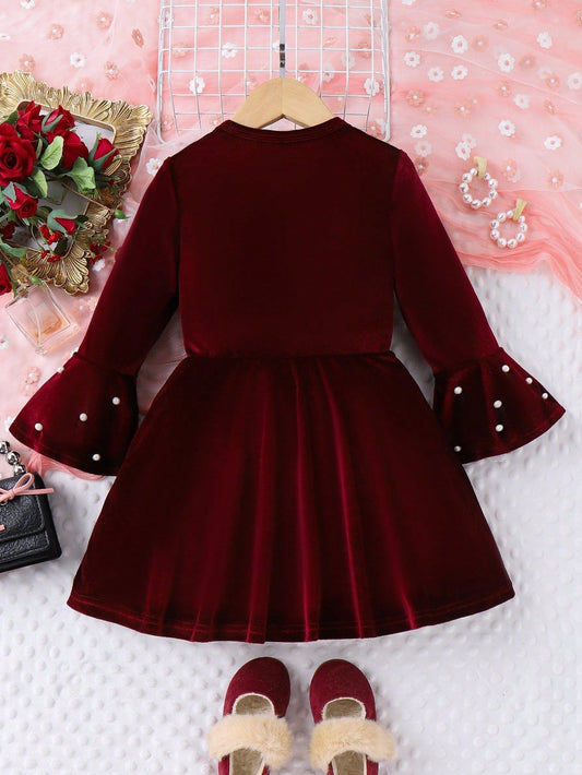SHEIN Kids CHARMNG Young Girl Pearls Beaded Bow Front Flounce Sleeve Dress