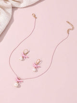3Pcs/Set Girls' Pearl Necklace with Bowknot Pendant, 1 Pair of Earrings and 2Pcs Sweet Daily Accessories