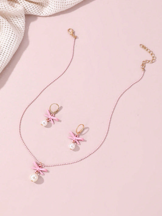 3Pcs/Set Girls' Pearl Necklace with Bowknot Pendant, 1 Pair of Earrings and 2Pcs Sweet Daily Accessories