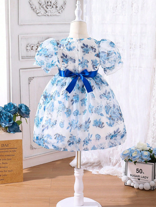 SHEIN Kids CHARMNG Little Girls' Floral Printed Puff Sleeve Dress