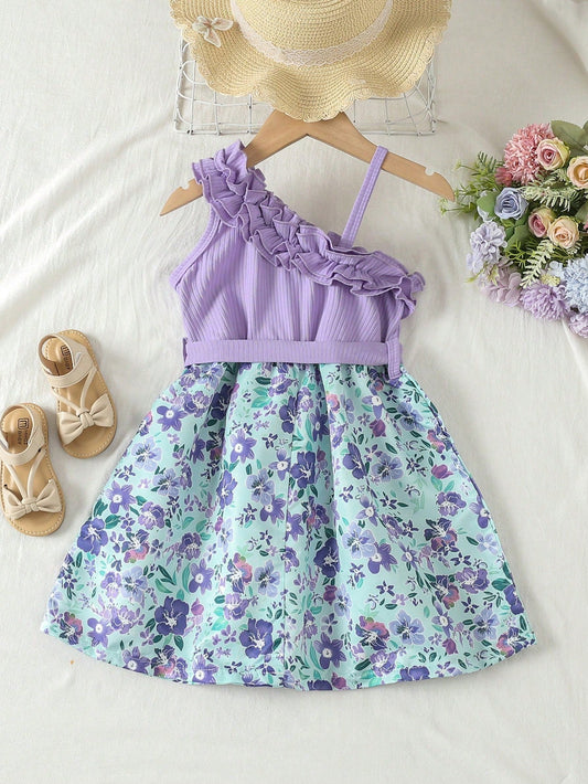 SHEIN Kids EVRYDAY Young Girl Lotus Edge Floral Printed Dress