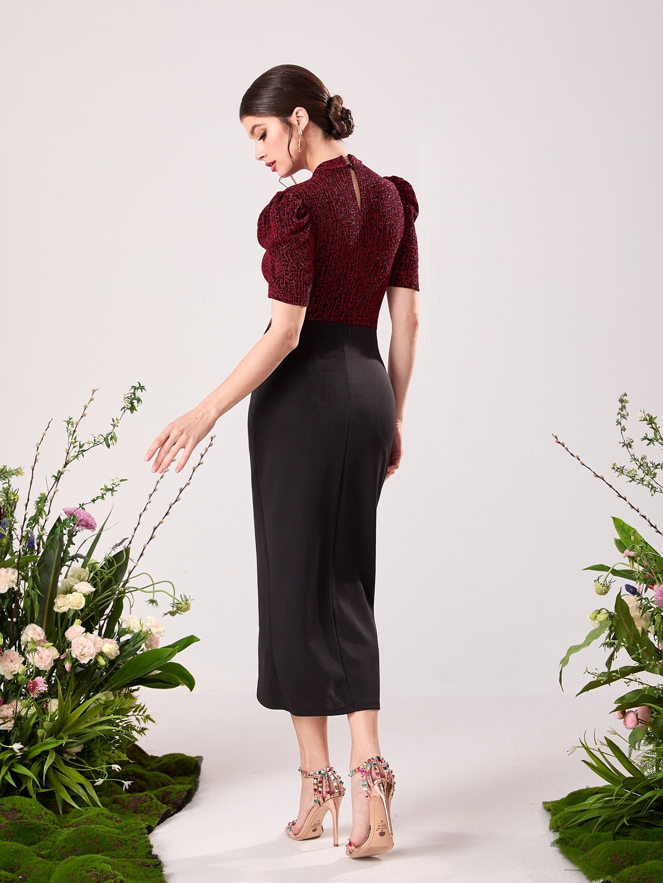 SHEIN Modely Puff Sleeve Wrap Hem Glitter Dress