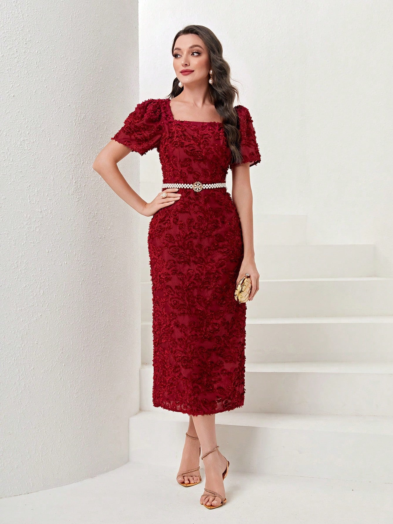 SHEIN Modely Square Neck Puff Sleeve Fitted Dress without Belt