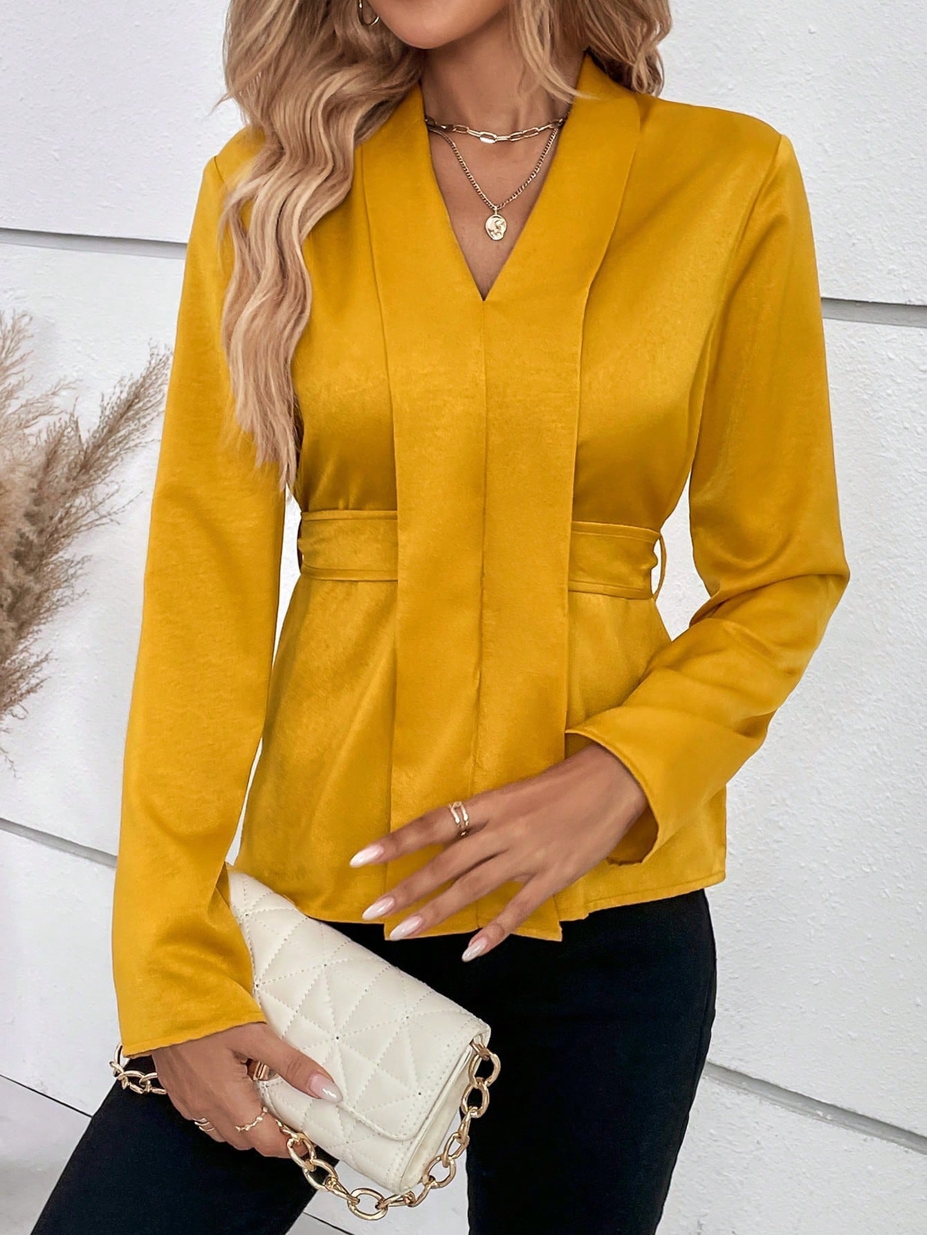 SHEIN LUNE Solid V Neck Blouse