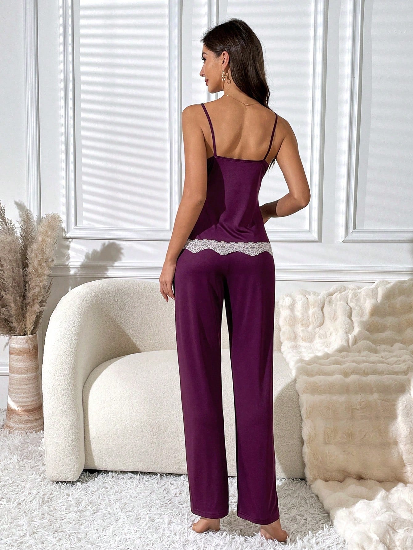 Contrast Lace Split Hem Cami Top & Pants PJ Set