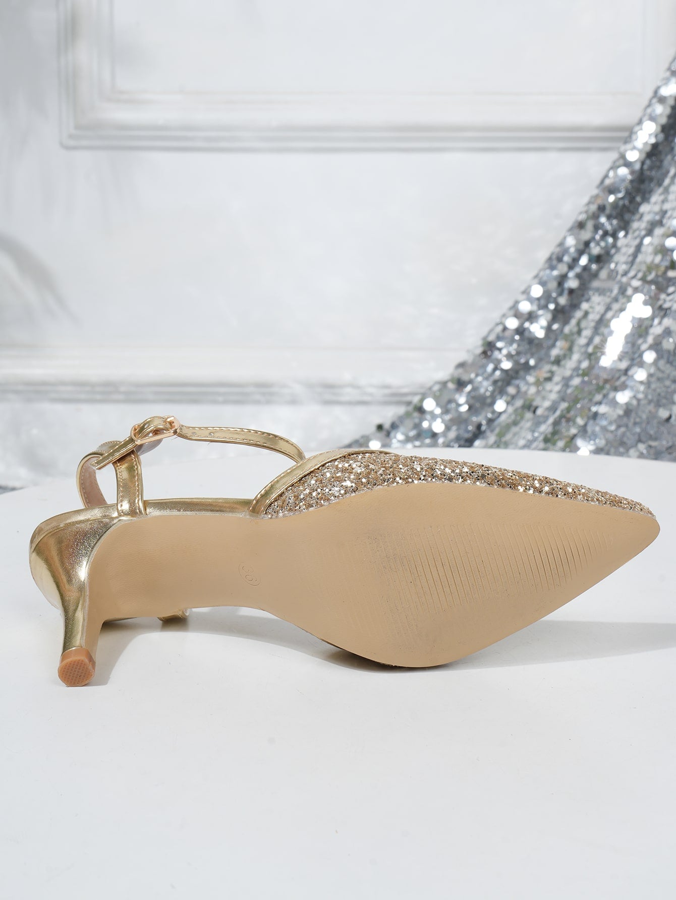 Golden Glittery Peep Toe High Heels with Bow Accent Suitable for Daily Wear