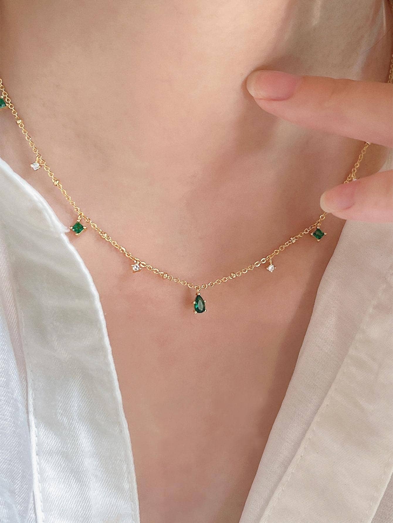 Cubic Zirconia Water-Drop Charm Necklace