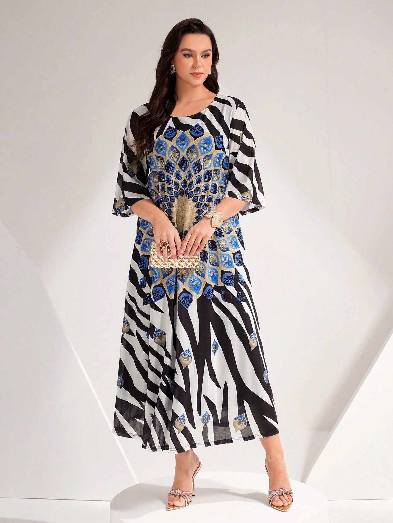 SHEIN Najma plus Zebra Striped & Floral Print Dress