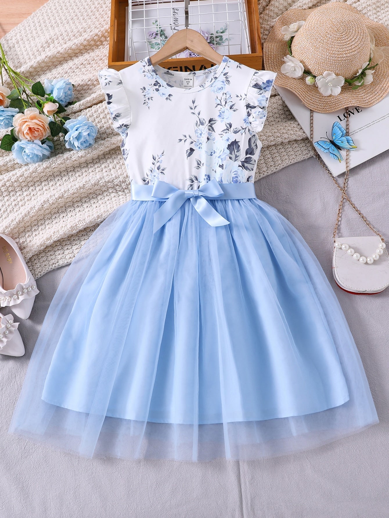 SHEIN Kids CHARMNG Tween Girl Floral Print Ruffle Trim Mesh Hem Dress