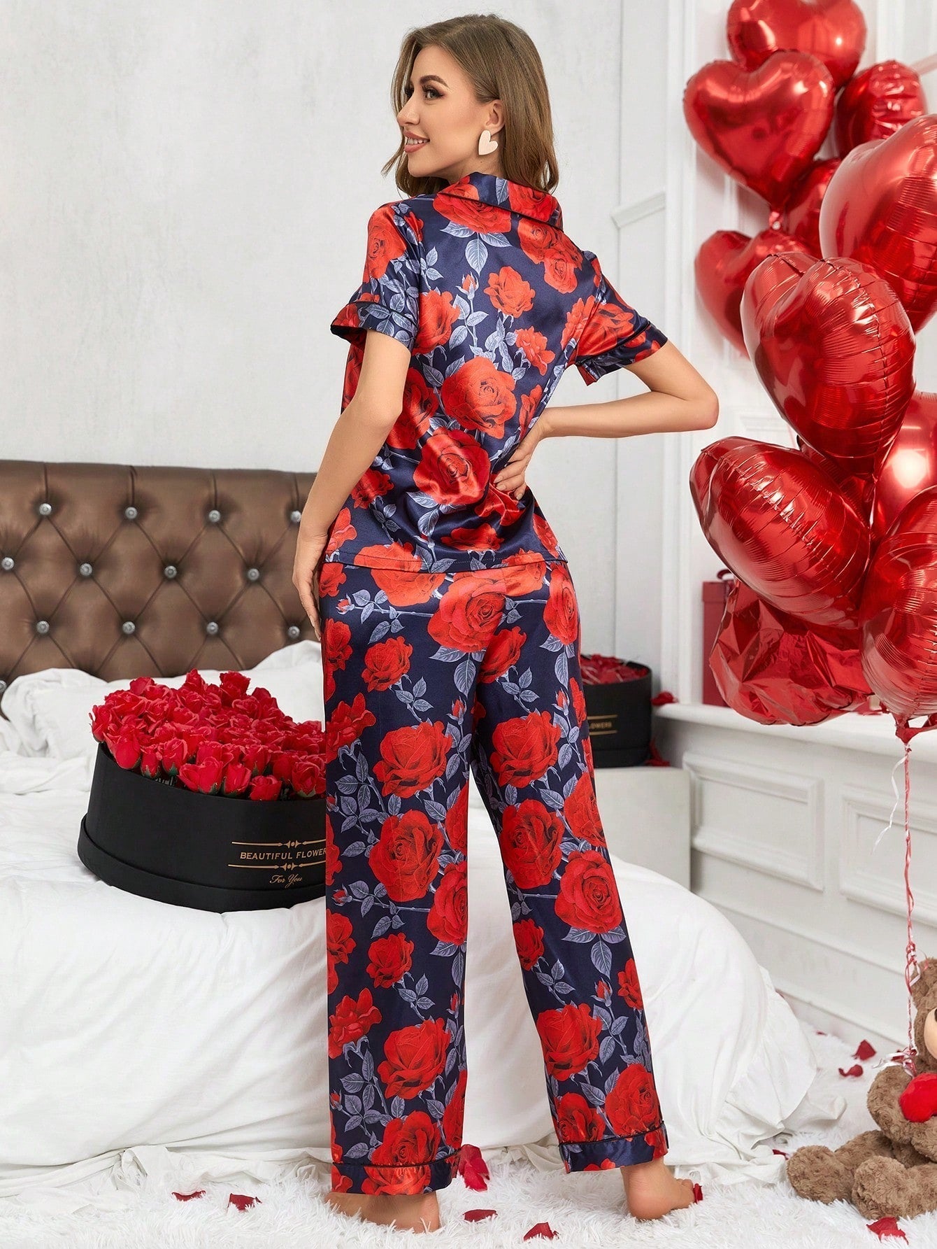 Ladies' Floral Printed Short Sleeve Shirt and Long Pants Pajama Set