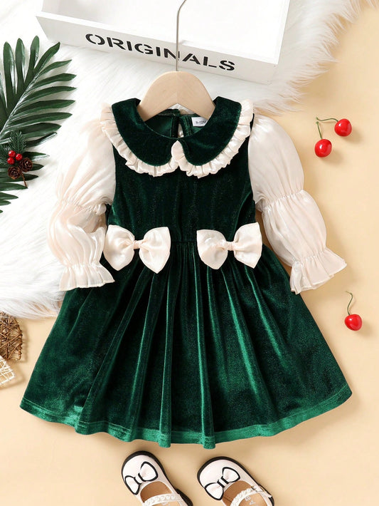 Infant Girls' Color Block Peter Pan Collar Princess Dress with Front Bowknot and Puff Sleeves