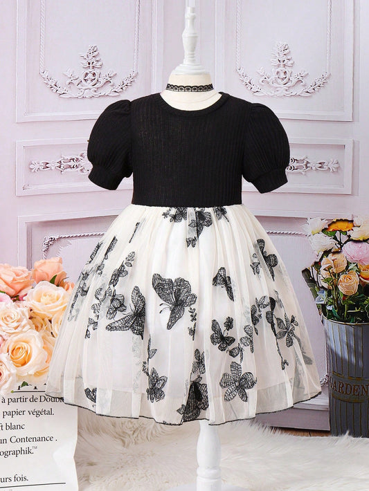 SHEIN Kids CHARMNG Girls' (Little) Contrast Color Butterfly Embroidery Tulle Patchwork Puff Sleeve Poufy Dress