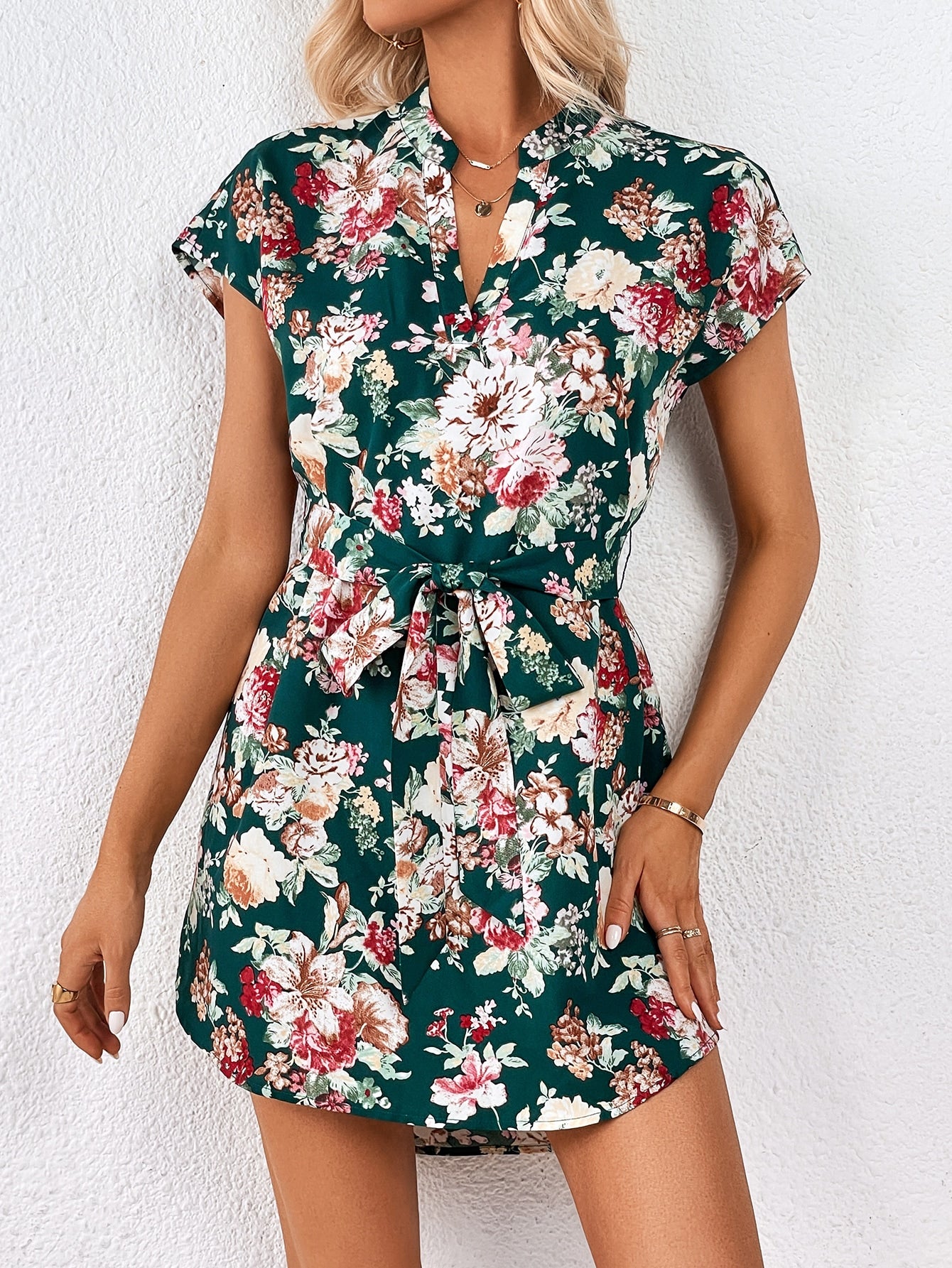 SHEIN Clasi Floral Print Notched Neck Belted Dress