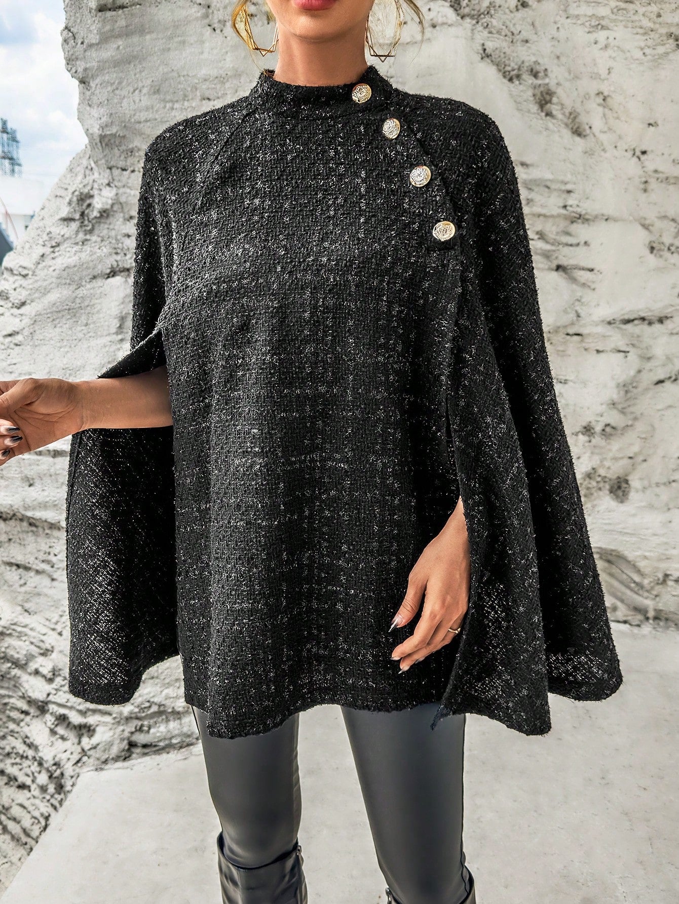 SHEIN Privé Mock Neck Button Detail Cloak Sleeve Glitter Cape Coat